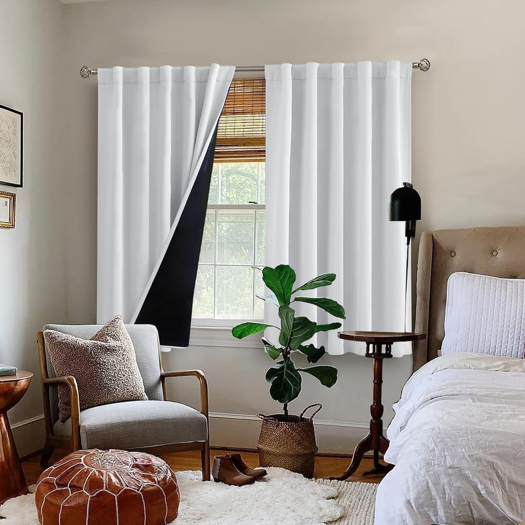 BGment Greyish White 100% Blackout 48 Inch Curtains for Small Window, Rod Pocket and Back Tab Double Layer Black Out Thermal Insulated…