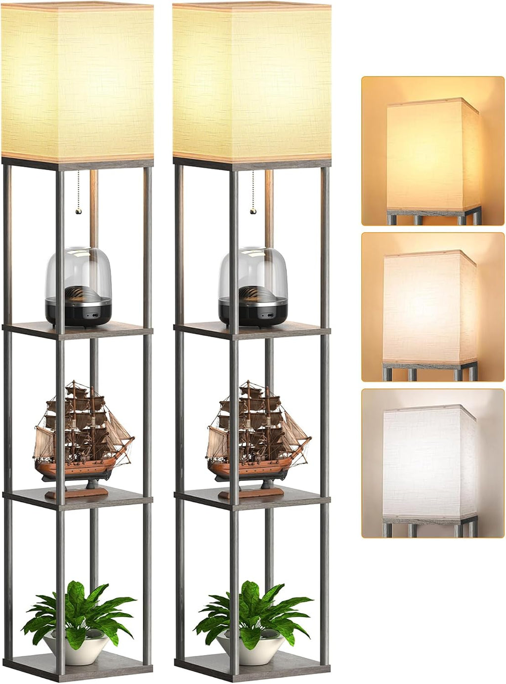 Floor Lamp with Shelves for Living Room 2 Pack Oak Gray, Shelf Floor Lamp with 3 CCT LED Bulb, Corner Display Standing Column Lamp…