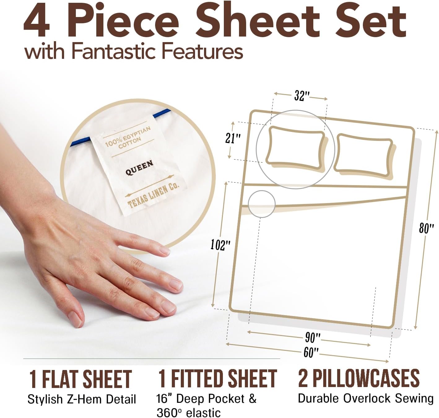 TEXAS LINEN CO. Egyptian Cotton Sheets Queen Size – 300 Series Cotton Queen Sheet Set (4 PC, Ivory), Soft & Durable, Cooling, 16" Deep…