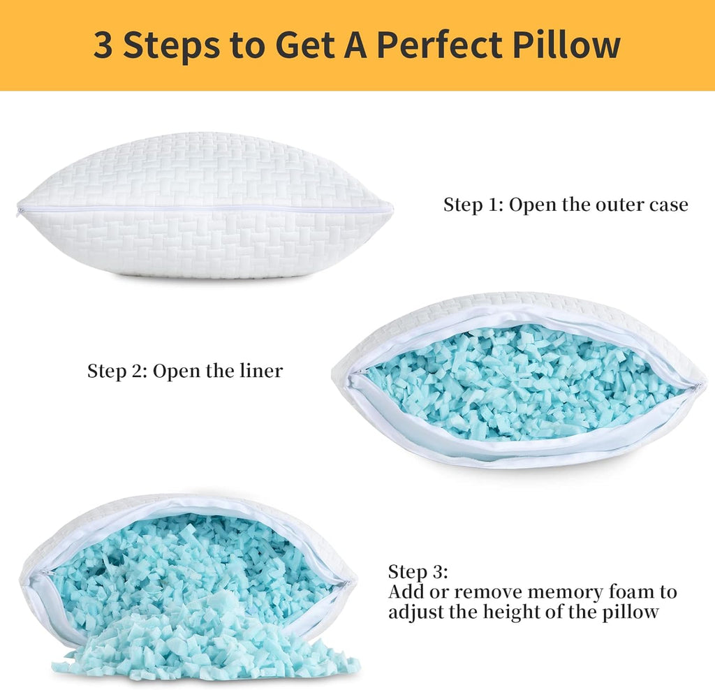 HOMBYS 2 Pcs Extra Firm Bed Pillows for Sleeping, Shredded Memory Foam Pillows Queen Size, for Side, Back, Stomach Sleepers, 40% Viscose…