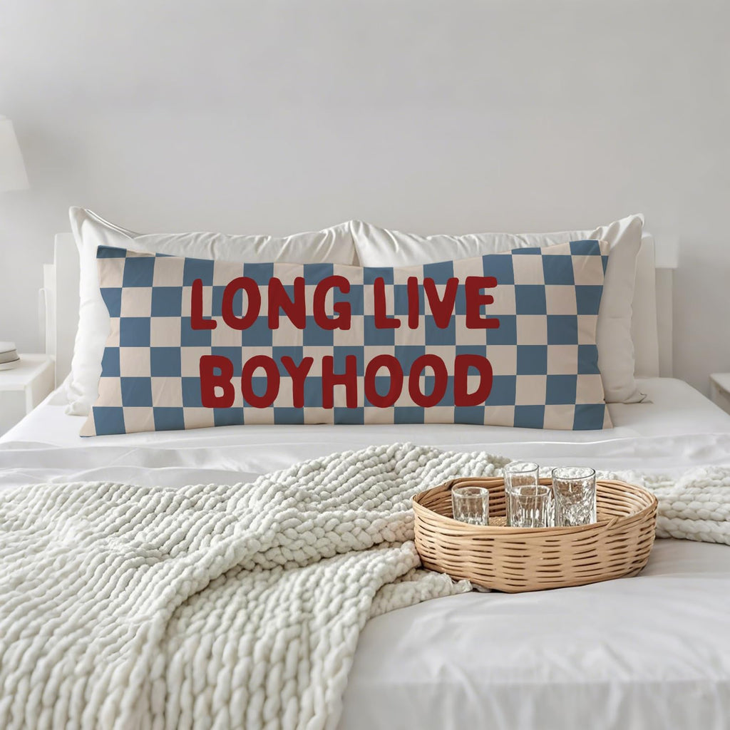 Long Live Boyhood 20x54 Body Pillow Cover for Boys Room Nursery, Boy Nursery Decor, Kids Playroom Decor, Retro Blue and White Checkered…