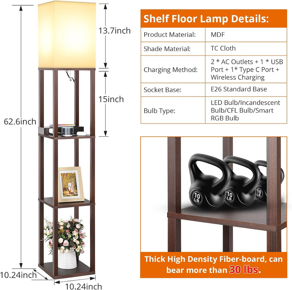 Mlambert Modern Shelf Floor Lamp with Wireless Charger & Fast Charging USB Ports & Type C Port & 2 Power Outlets,3 Tier Storage Lamp for…