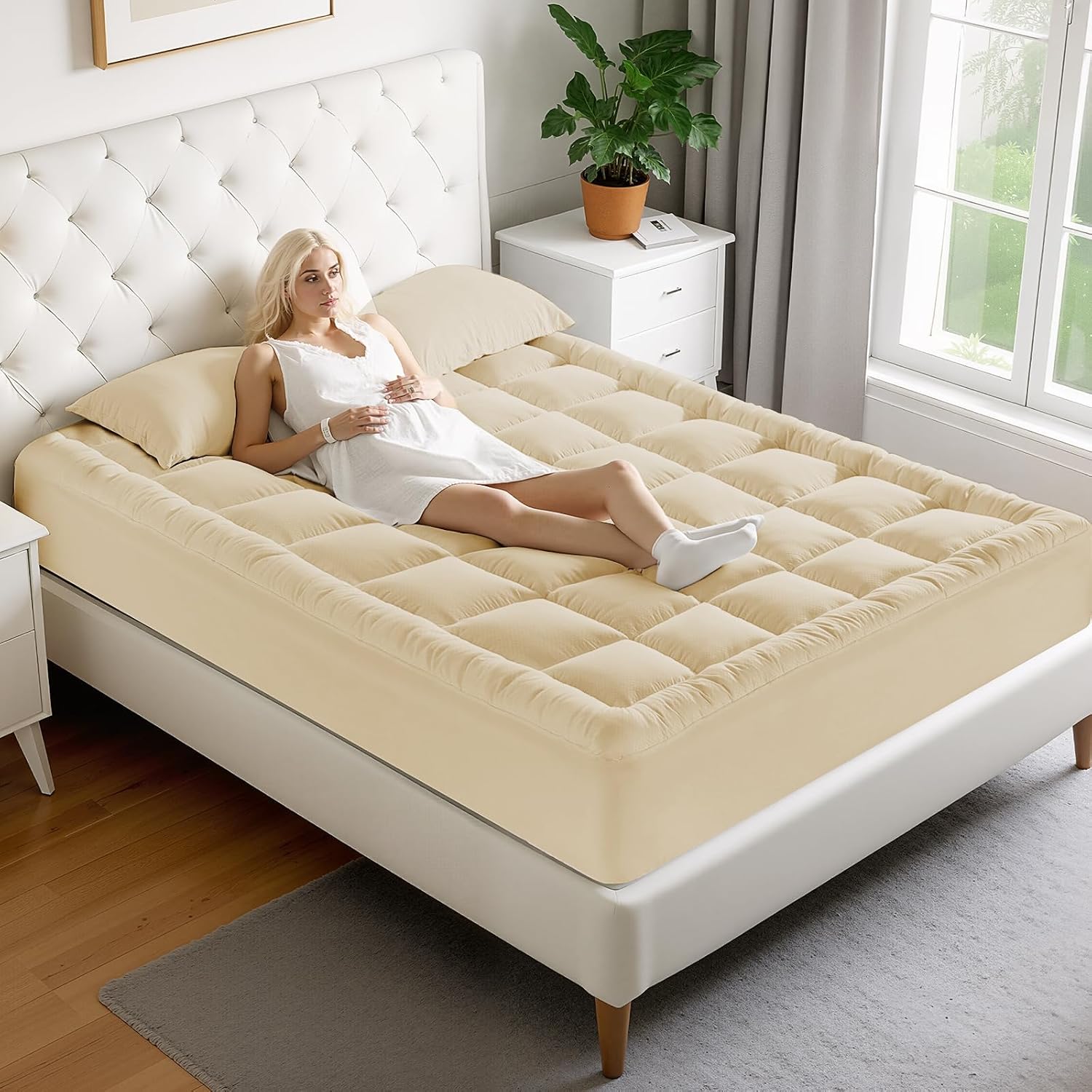 Matbeby California King Quilted Fitted Mattress Pad - Breathable, Fluffy, Cooling, Deep Pocket, Machine Washable, Beige