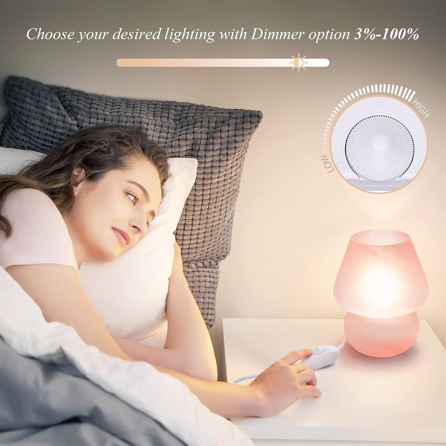 ONEWISH Mushroom Lamp Cute Table Lamp for Bedroom Nightstand Soft Light Pink, Small Glass Nightlight Stepless Dimmable Desk Lamp for…