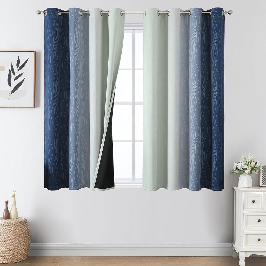Estelartextiler Estelar Textiler Sage Green and Navy Blue Ombre Blackout Curtains 45 Inch Length, Full Room Darkening Gradient Drapes for K…