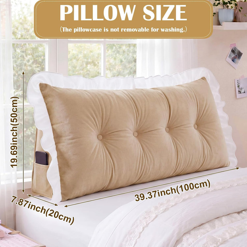 Leinuosen 39 in Ruffle Wedge Headboard Pillow for Dorm Twin XL College Bed Reading Bolster Dorm Velvet Triangular Bed Backrest Wedge…