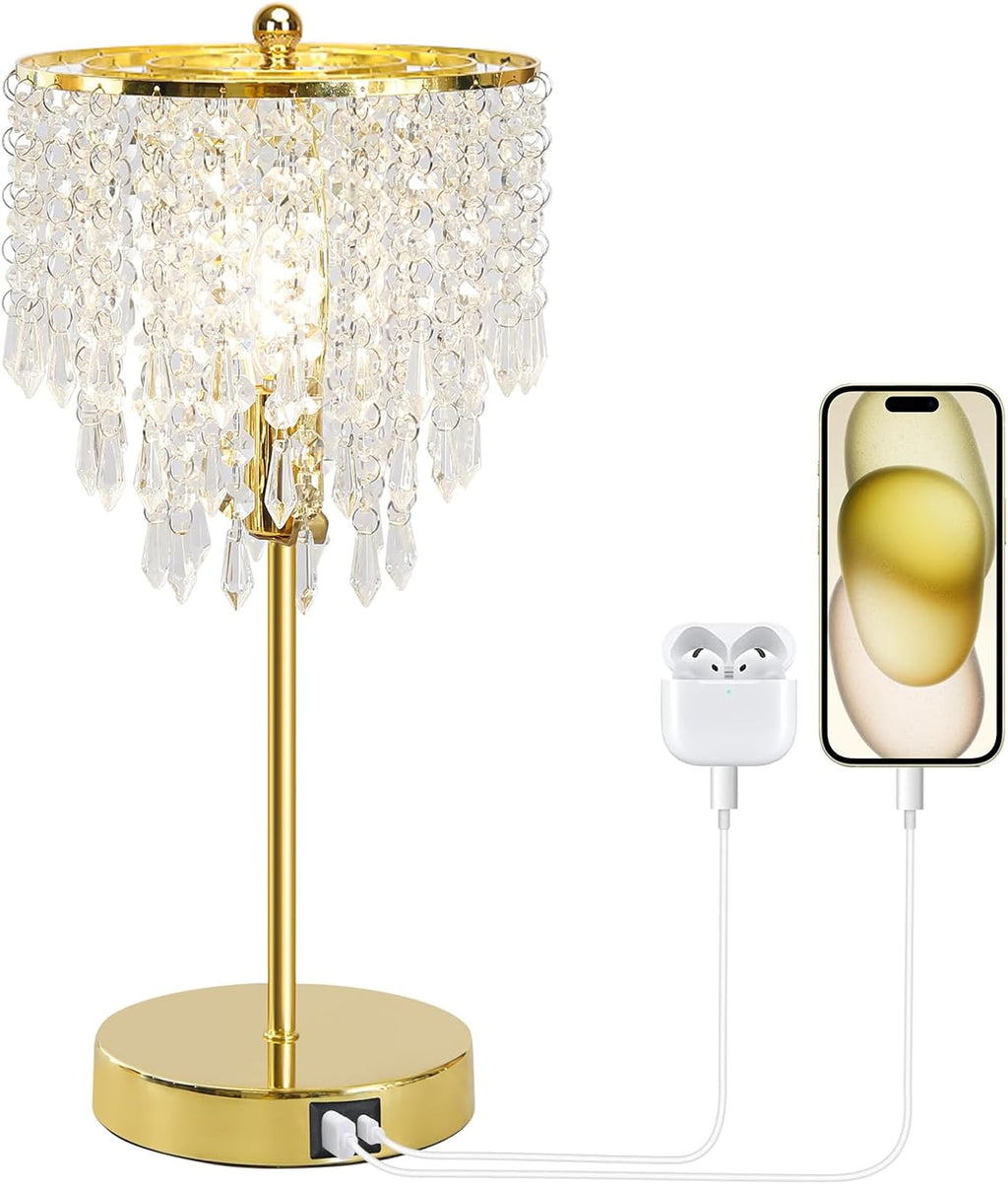 Touch Control Crystal Table Lamp with USB C+A Ports, 3-Way Dimmable Gold Lamp, Bedside Light with Crystal Shade, Girls Lamp for Bedroom…