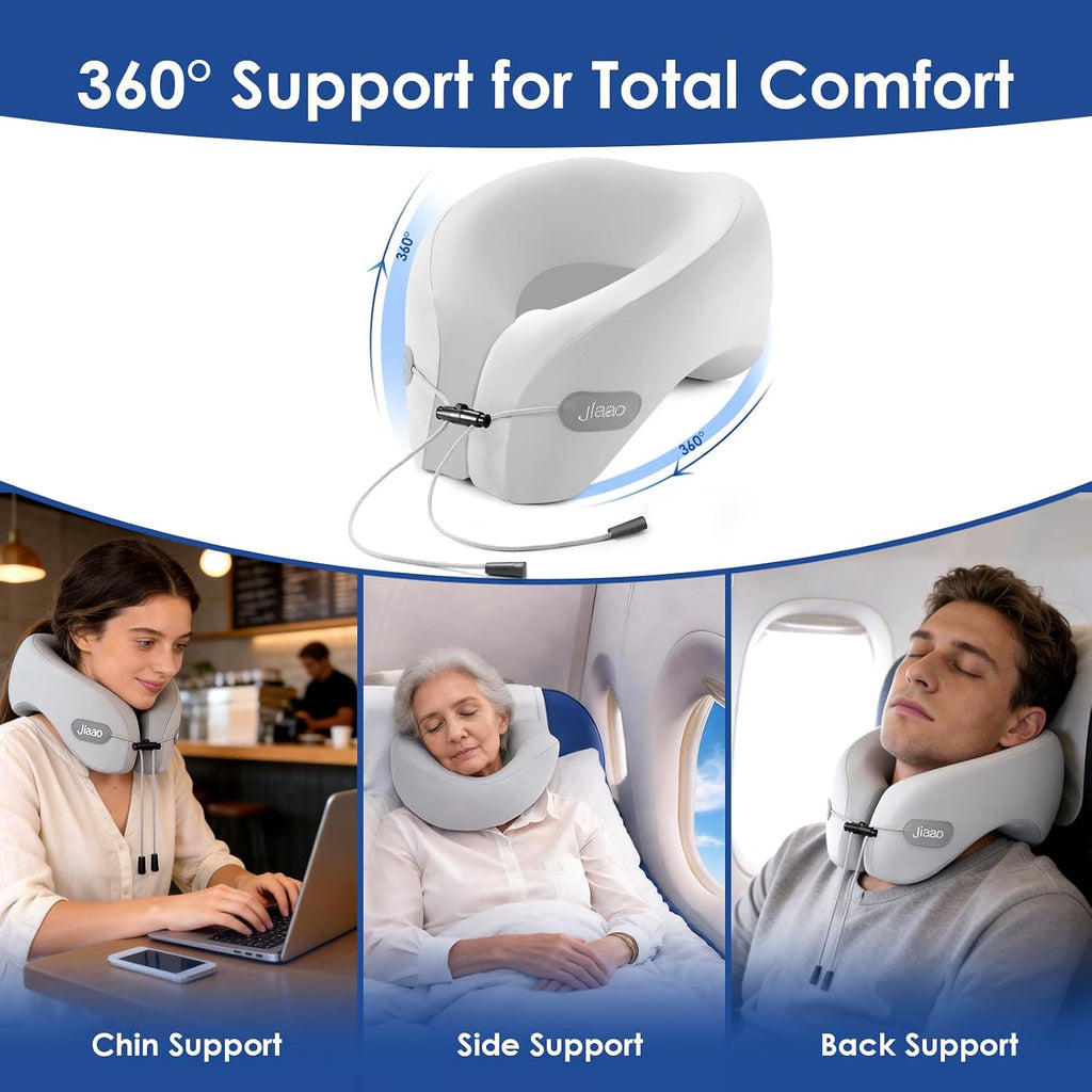 jiaao Travel Pillow Memory Foam Neck Pillow for Airplanes with Adjustable Drawstring Support, Gray Travel Neck Pillow for Flights, Road Tri…