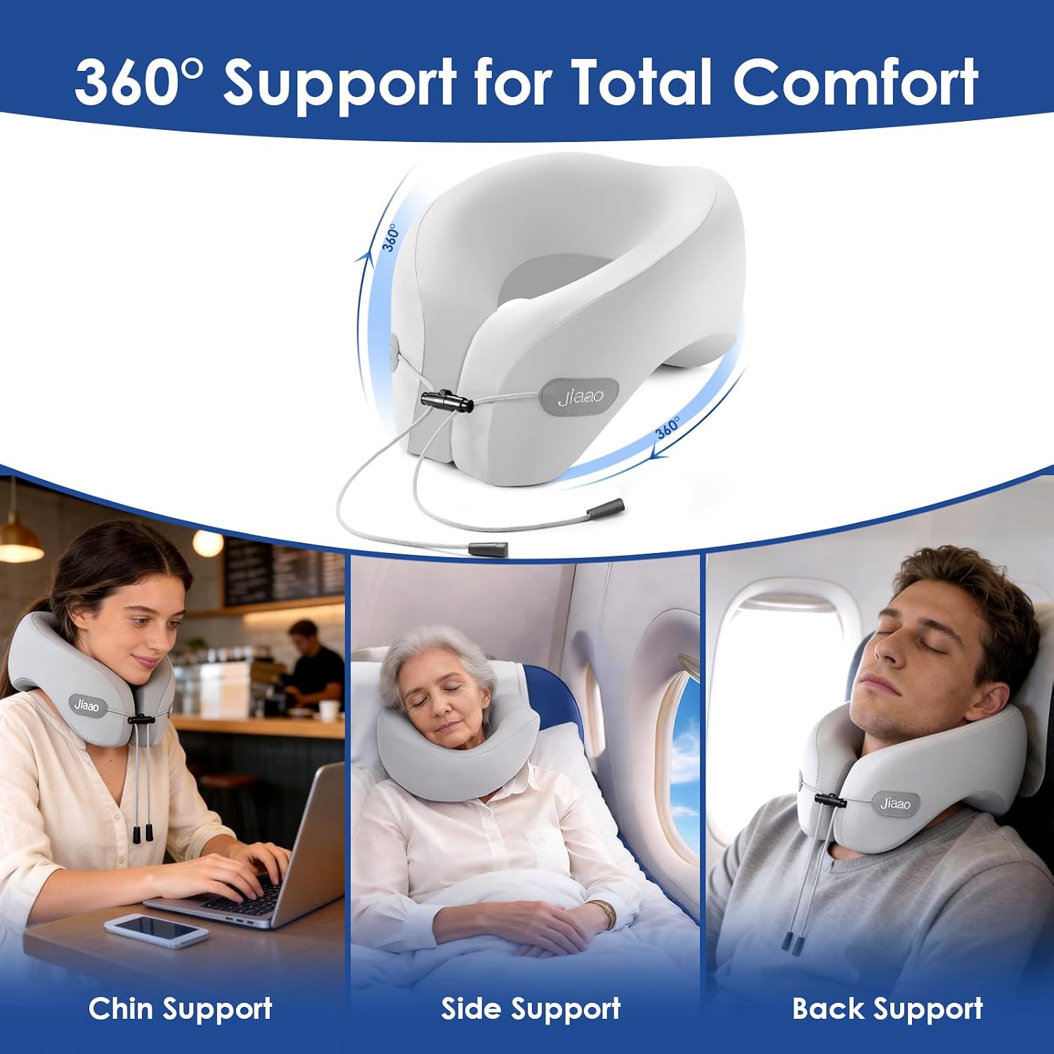 jiaao Travel Pillow Memory Foam Neck Pillow for Airplanes with Adjustable Drawstring Support, Gray Travel Neck Pillow for Flights, Road Tri…