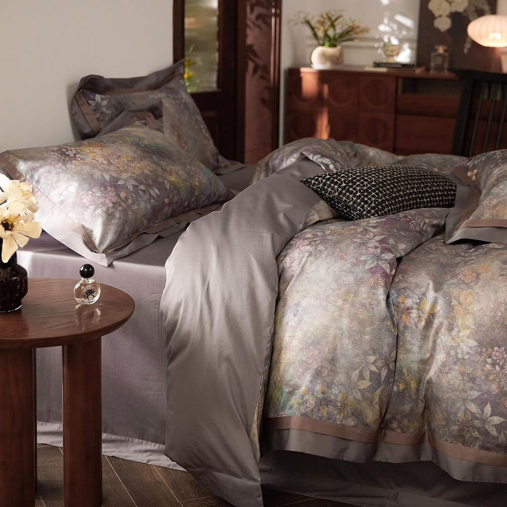 mixinni Vintage Floral Duvet Cover Set - King Size, 100% Long Staple Cotton Percale, Reversible Purple Floral Bedding Set with Zipper Closu…