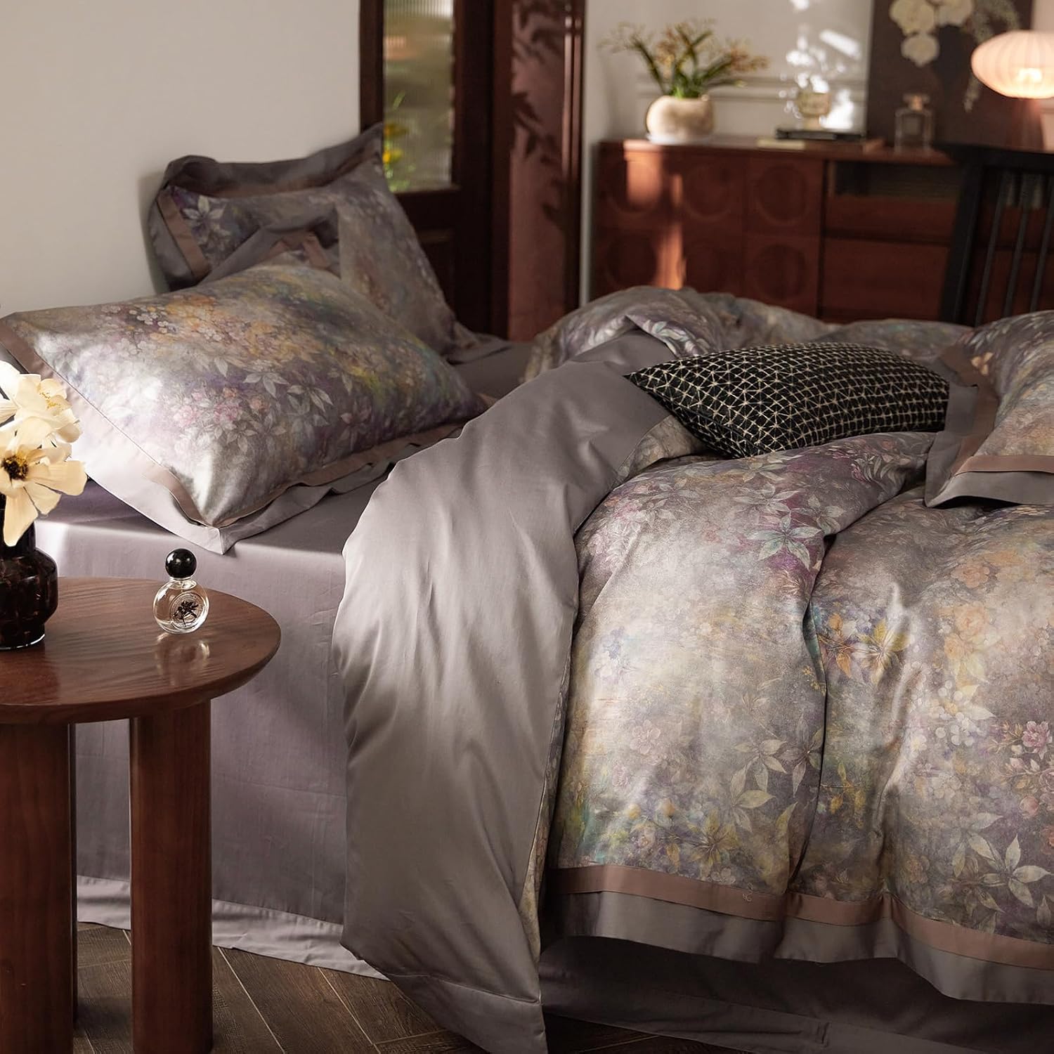 mixinni Vintage Floral Duvet Cover Set - King Size, 100% Long Staple Cotton Percale, Reversible Purple Floral Bedding Set with Zipper Closu…