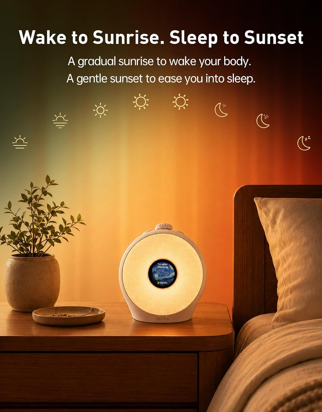 Dekala Sunrise Alarm Clock for Heavy Sleepers with Pulse Wake, Sunset Sound Machine with Breathing Ambient Light, Loud Alarm for…