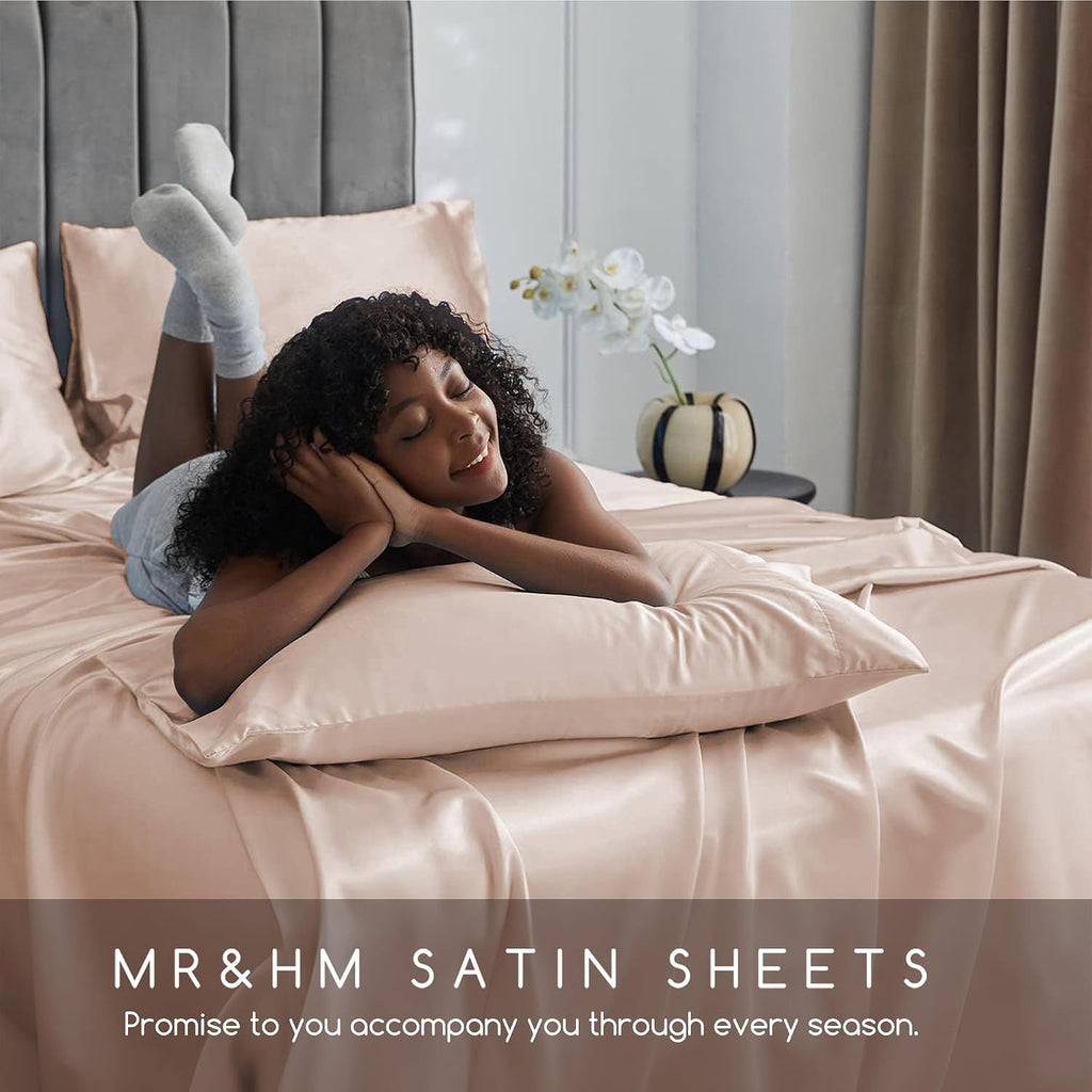 MR&HM Satin Bed Sheets, Queen Size Sheets Set, 6 Pcs Silky Bedding Set with 15 Inches Deep Pocket for Mattress(Queen, Taupe) 6 Pcs 15…