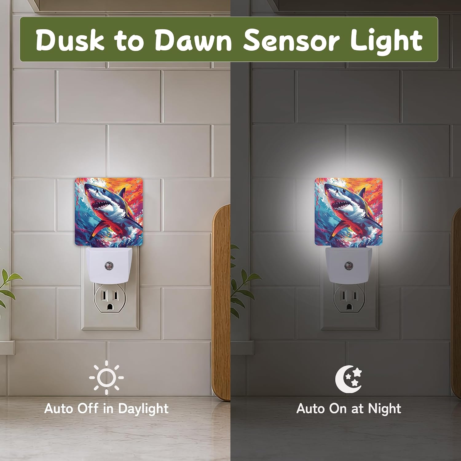 Night Light, Colorful Shark Splash Night Lights Plug into Wall Decor for Bedroom Bathroom Hallway Kitchen, Dusk to Dawn Sensor Gift for…