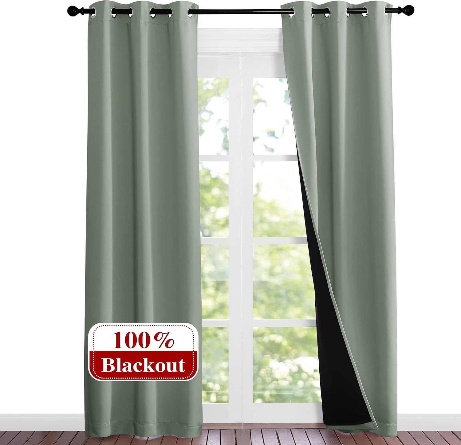 Nicetown Greyish Green Blackout Curtains 84 inches Long, Full Light Blocking Drapes with Black Liner for Nursery, Noise Reducing Thermal In…