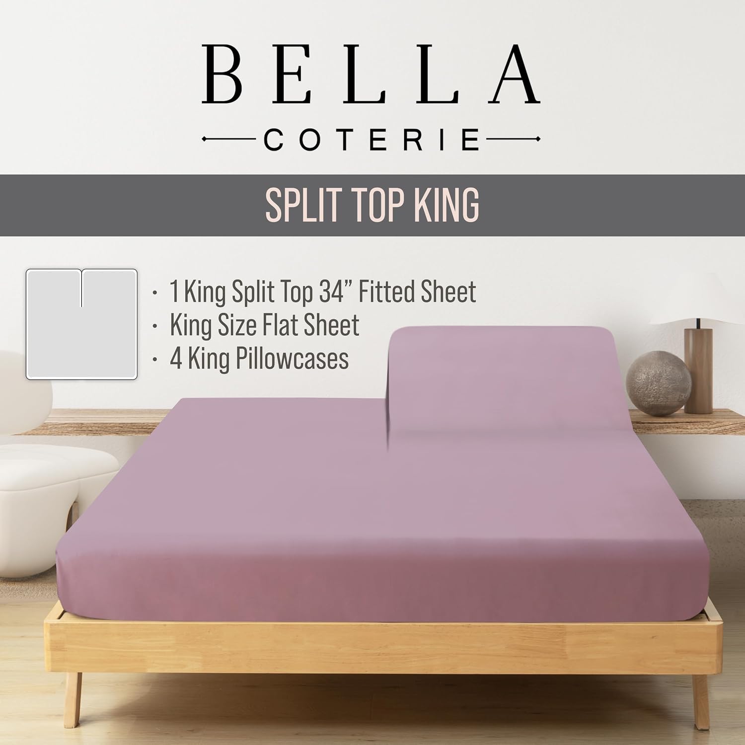 Bella Coterie 6 Piece Luxury Bamboo Viscose Split Top King Size Sheet Set | 34" Split for Adjustable Beds | 100% Organically Grown|…