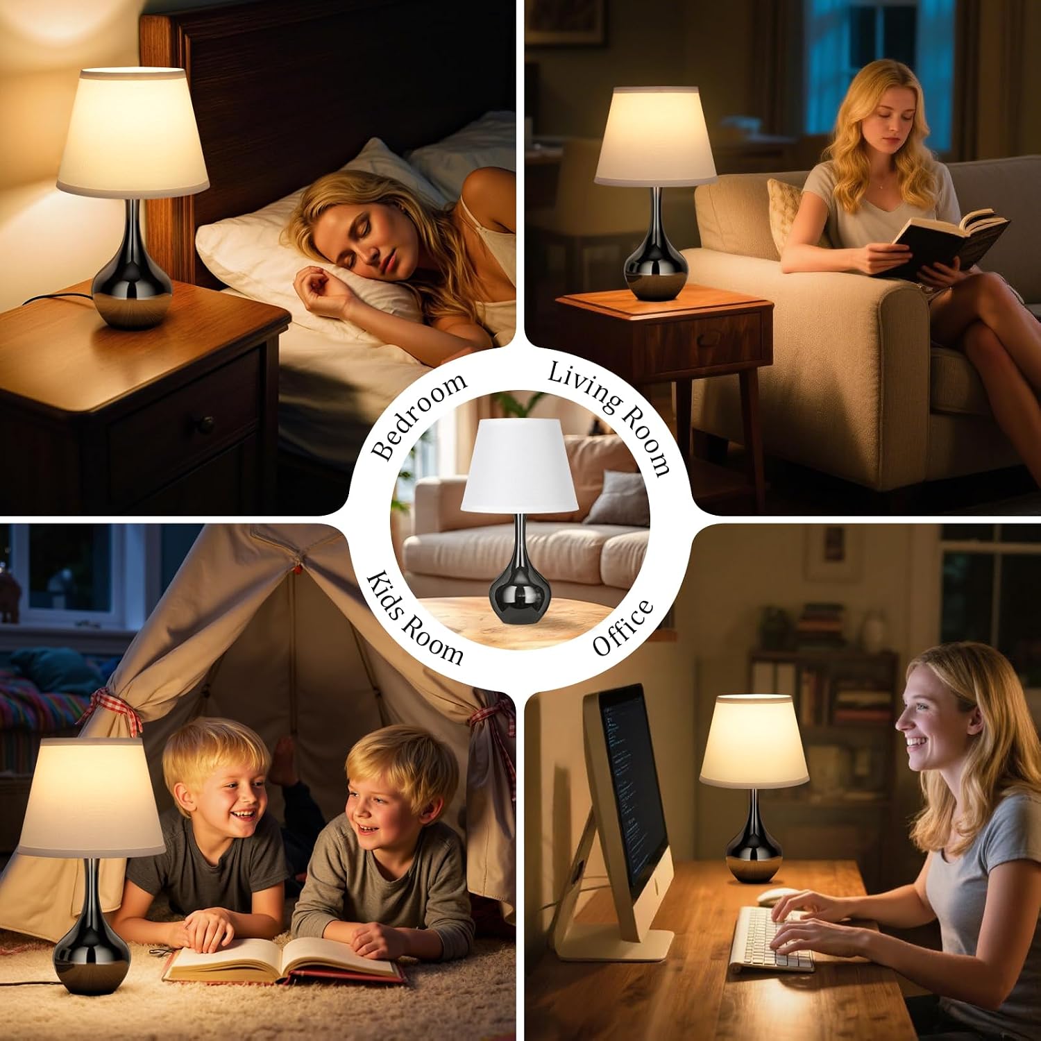 Seealle Touch Table Lamp for Bedroom, 3-Way Dimmable Small Bedside Lamps for Night Stands with Wires, Gloss Black Desk Lamp for Kids…