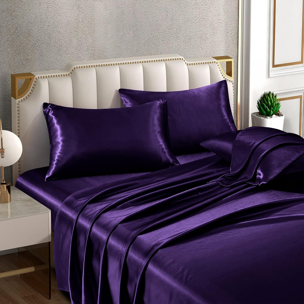 Horbaunal 6 Piece Satin Sheet Set Queen Size Luxury Silky & Soft Purple Satin Queen Bed Sheet Set with 16" Deep Pocket, 1 Fitted Sheet, 1 F…