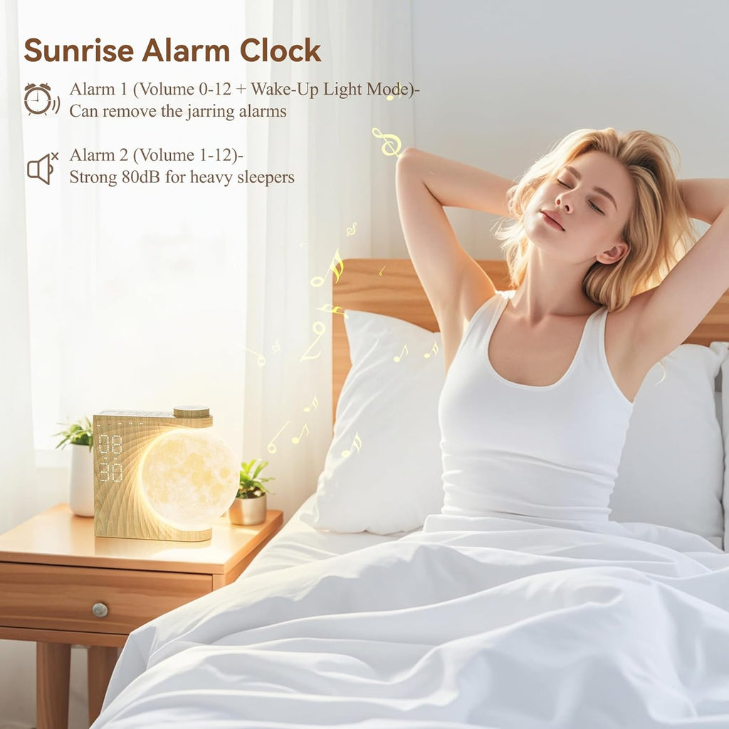 Rotating Moonlight Alarm Clock for Heavy Sleepers - Sunrise Simulation Wake-Up Light, Snooze, 10 Light Effects, 30/60/90 Timer, 10 Nature…