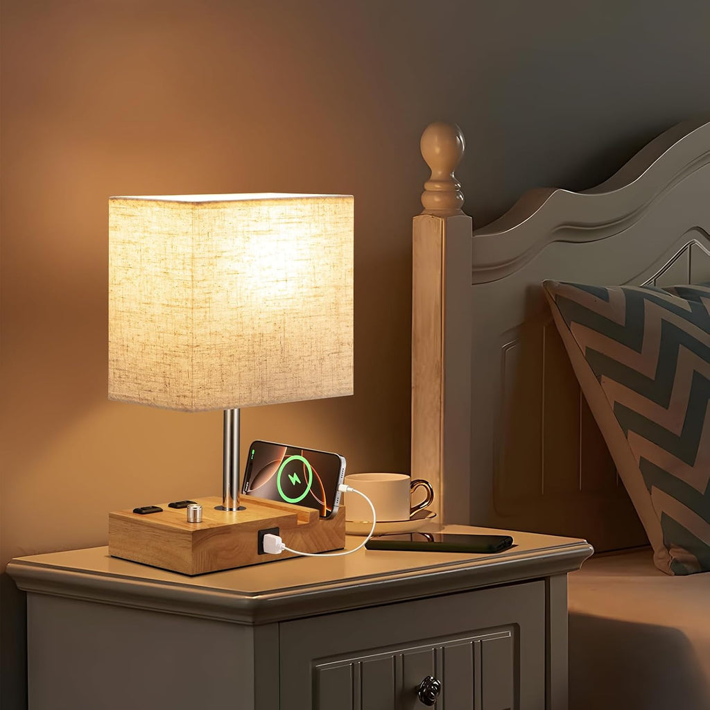 Kakanuo Fully Dimmable Nightstand Lamp for Bedroom with USB C Ports, Small Bedside Table Lamp with Charging Outlets and Phone Stands…