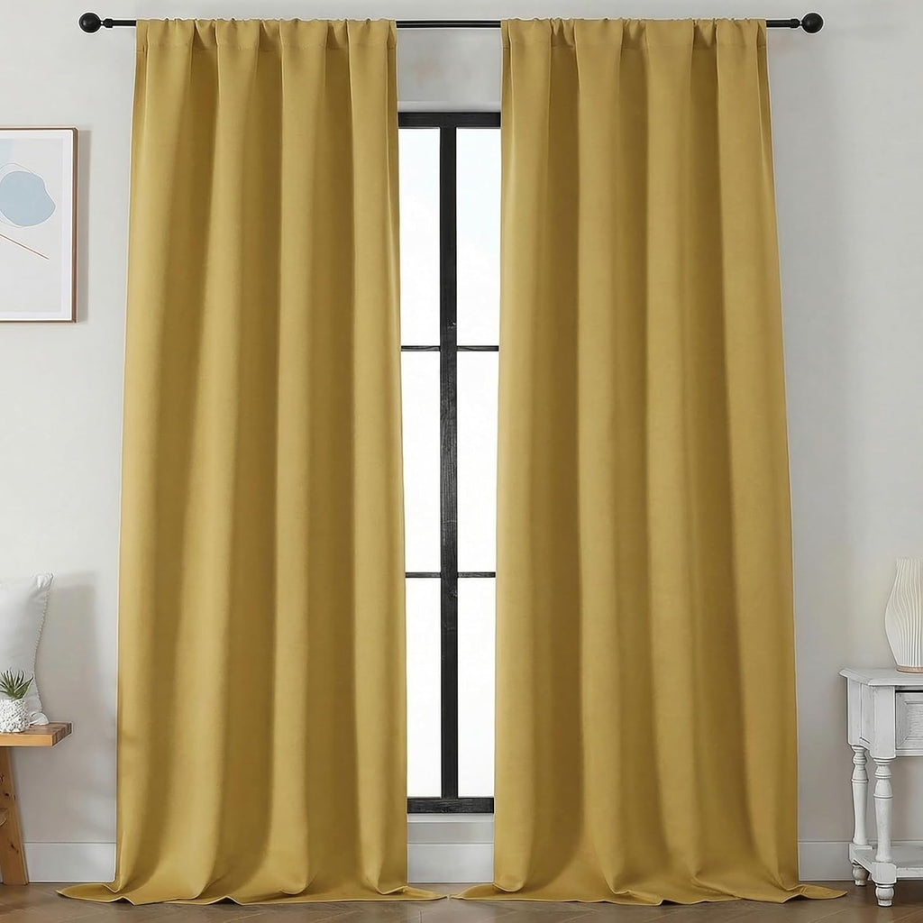 Simplebrand Bright Gold Blackout Curtains for Bedroom 96 Inches Long 2 Panels, Solid Thermal Insulated, Energy Saving Living Room Window Tr…