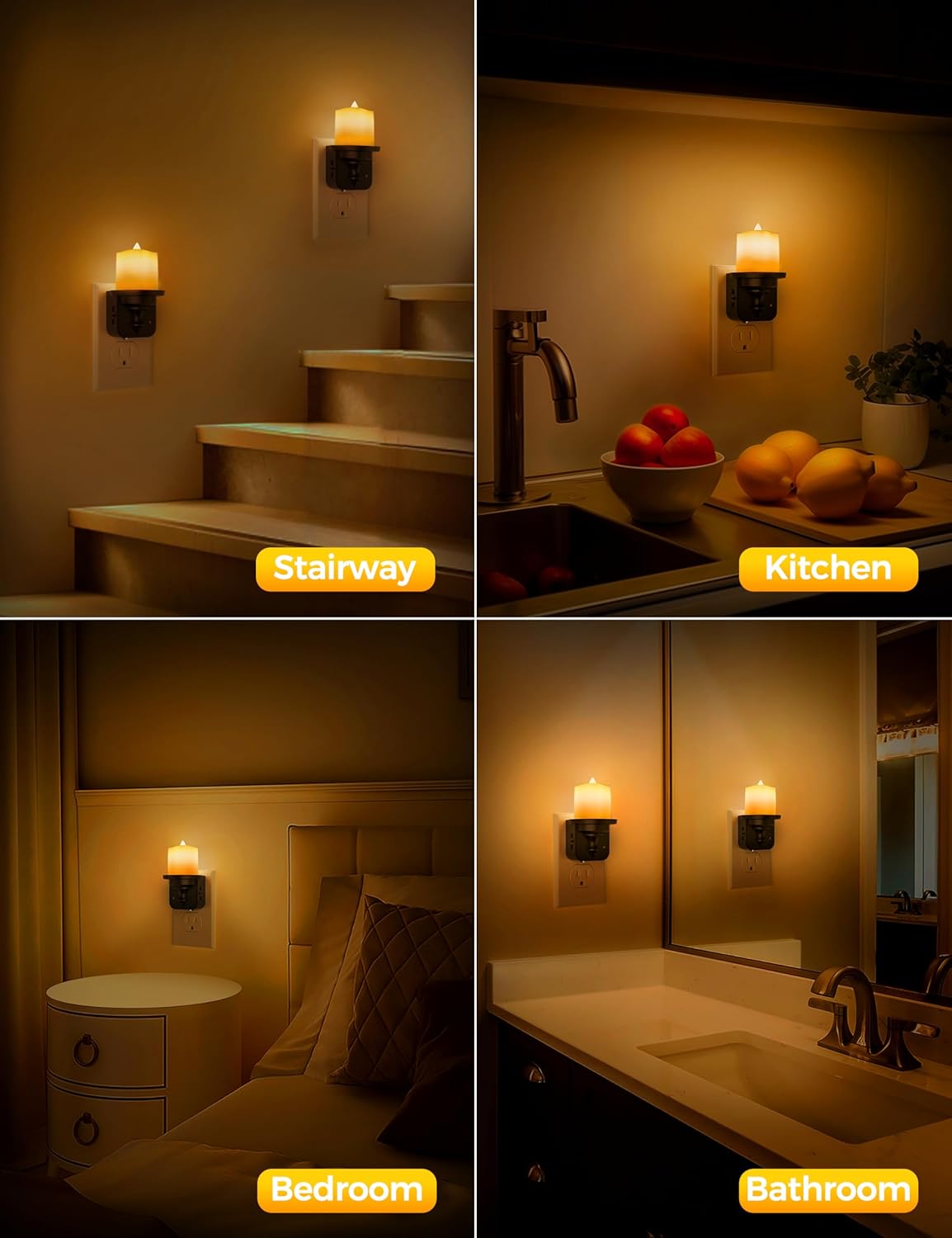 Briignite Flameless Candle Night Lights, Amber Plug-in 2 Pack, LED Candle with Light Sensor, 0-100LM Dimmable, Kids Hallway Bathroom…