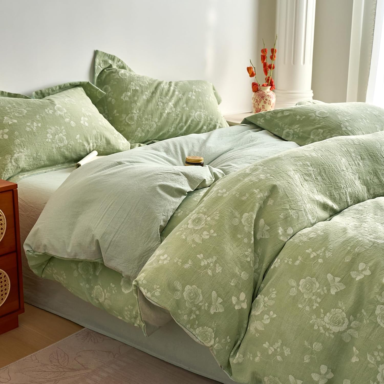 mixinni 100% Washed Cotton Cover Set, Reversible Vintage Green Floral Butterfly Jacquard Textured Comforter Cover, Boho Farmhouse Bedding S…