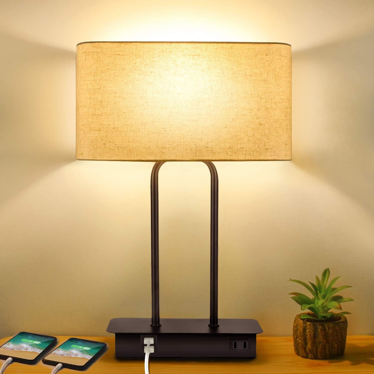 3-Way Dimmable Touch Control Table Lamp with 2 USB Ports and AC Power Outlet Modern Bedside Nightstand Lamp Fabric Shade and Metal Base…