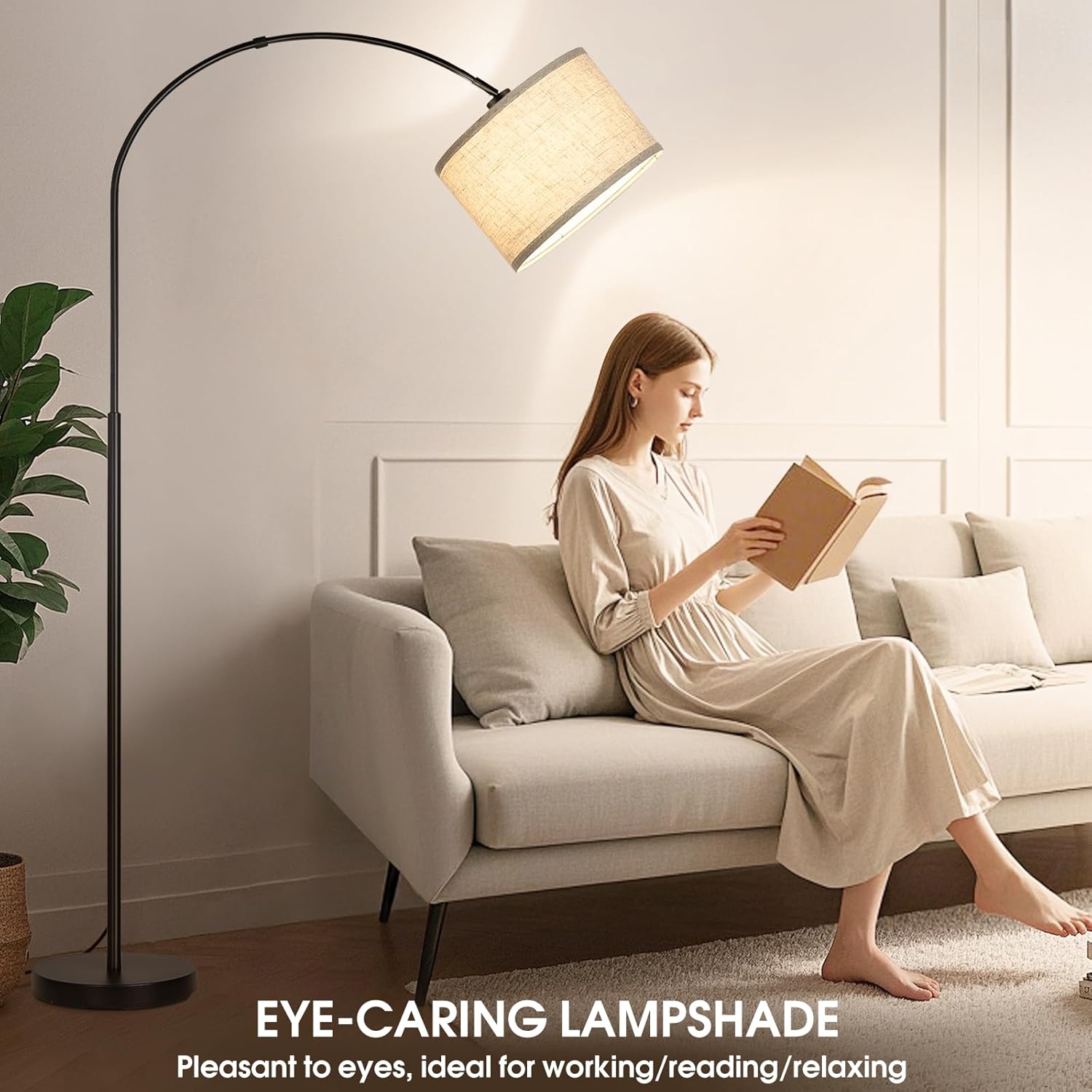 Dimmable Floor Lamp, Arc Floor Lamp with Dimmer, Black Standing Lamp with Adjustable Hanging Shade, Over Couch Tall Reading Light, Modern…