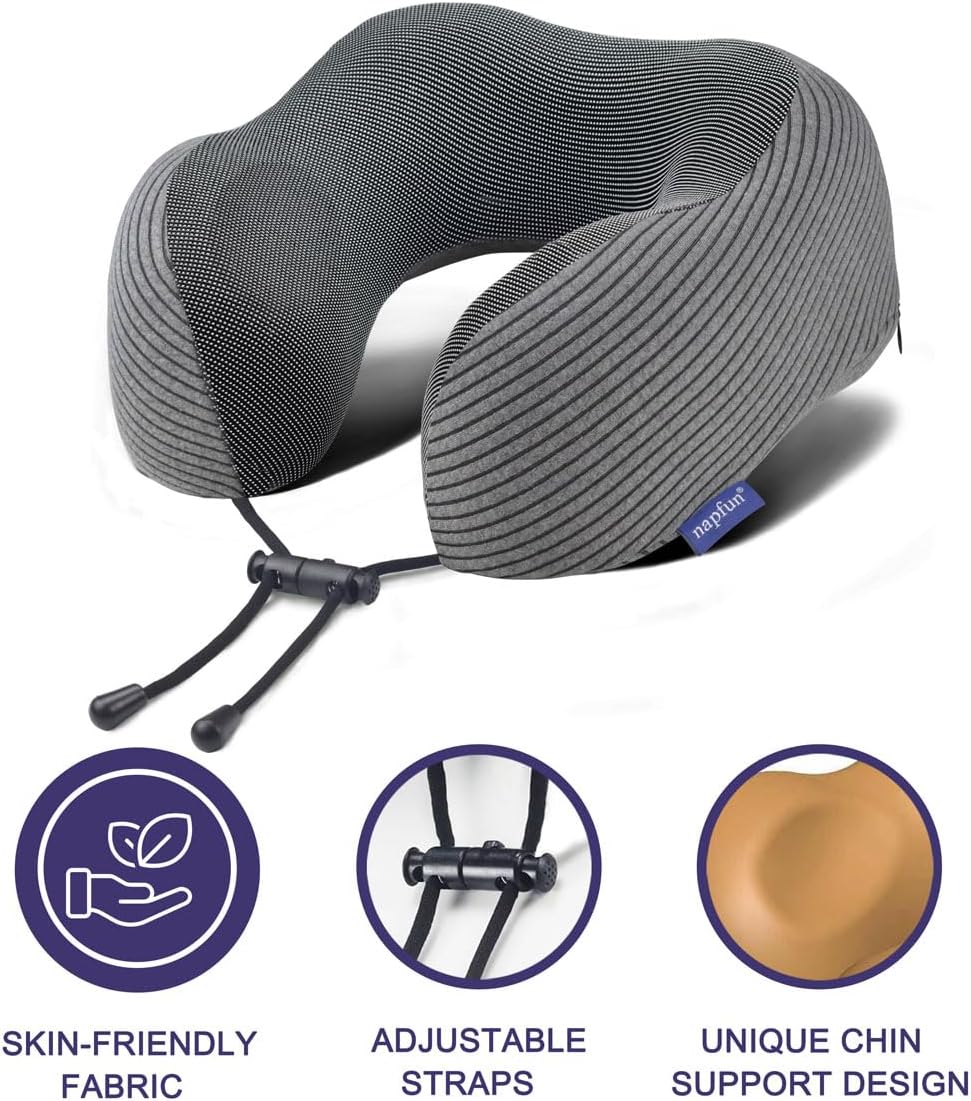 napfun Neck Pillow for Travel with Travel Pouch, Sleep Mask & Earplugs, Memory Foam Airplane Pillow for Headrest Sleep with Eyeshades…