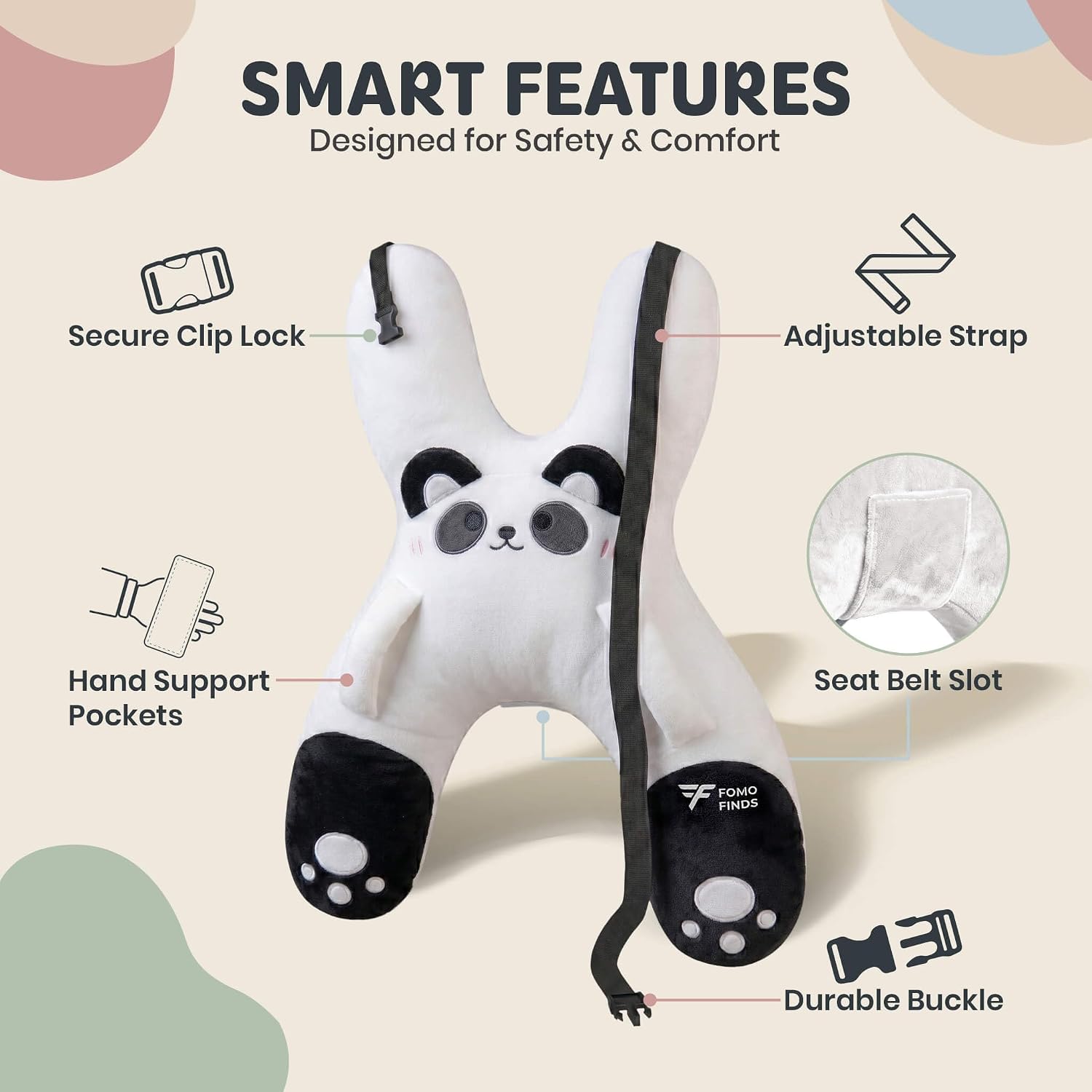Kids Car Sleeping Pillow - X-Shaped Plush Animal for Neck & Back Support - Hands & Seat Belt Slot - Machine Washable & Compressible…