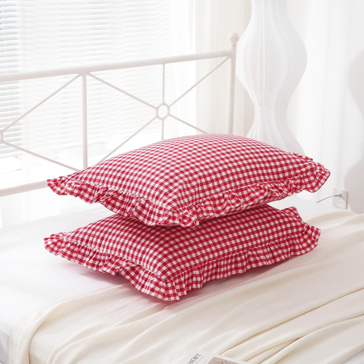 Kmasaniji 2 Pack Red White Plaid Ruffle Gingham Pillow Shams Standard Size, 100% Washed Cotton Buffalo Checkered Farmhouse Bed Pillow Cover…