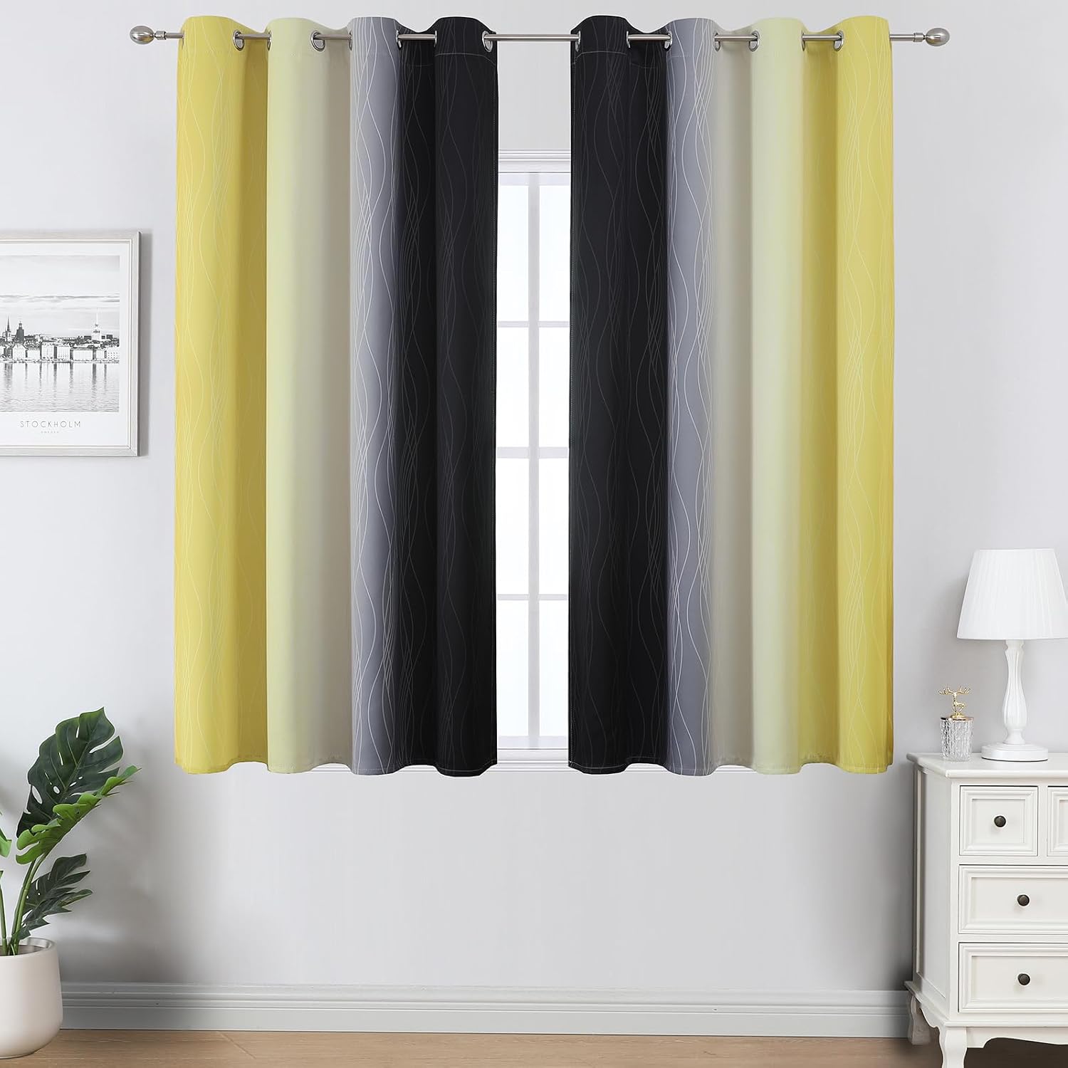 Estelartextiler Estelar Textiler Black and Yellow Ombre Blackout Curtains 45 Inches Long, Full Room Darkening Gradient Drapes for Kitchen,…
