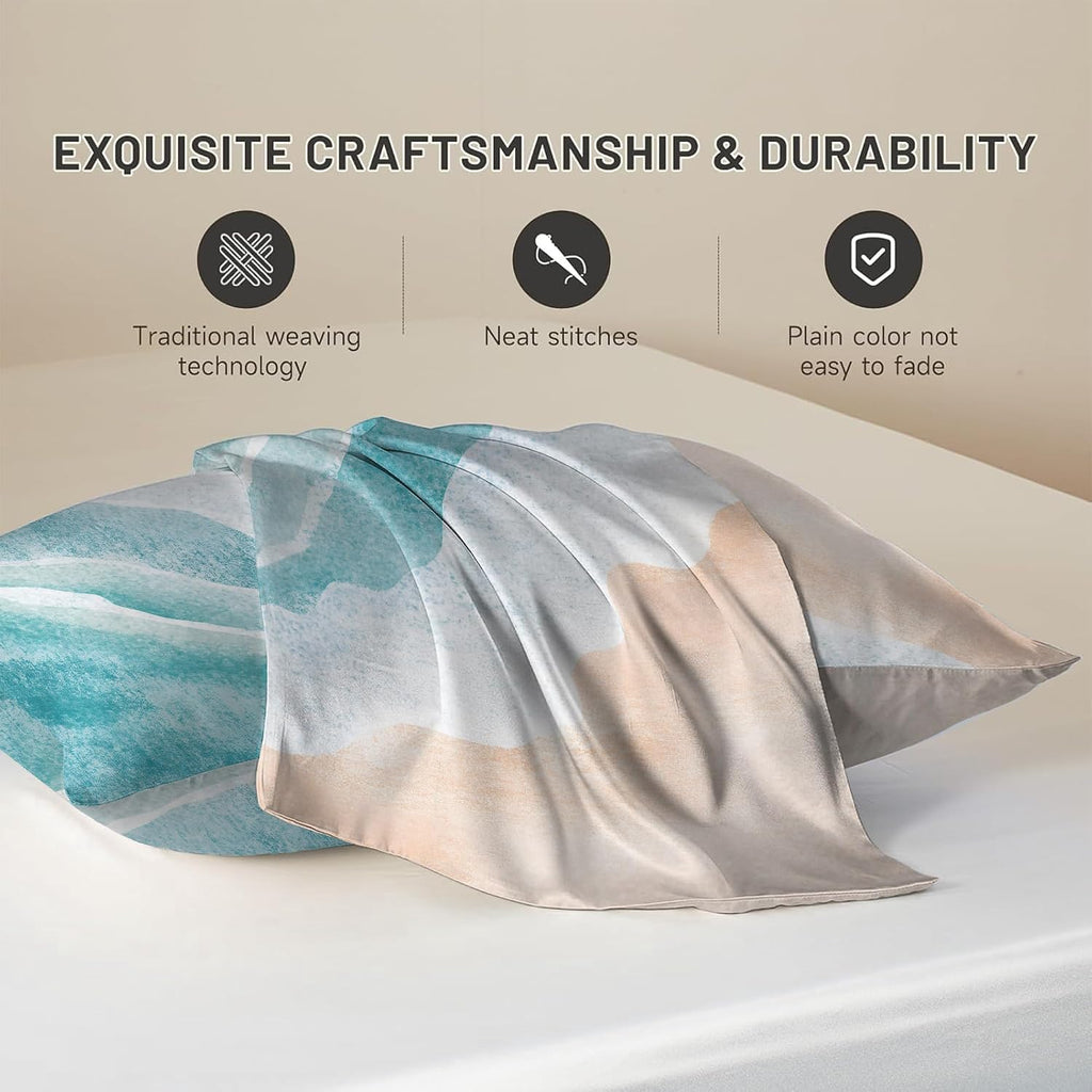 Imitation Silk Pillowcase for Hair and Skin Boho Abstract Blue Sea Beach 1 Pack Satin Queen Pillowcase with Hidden Zipper Cooling Pillow…