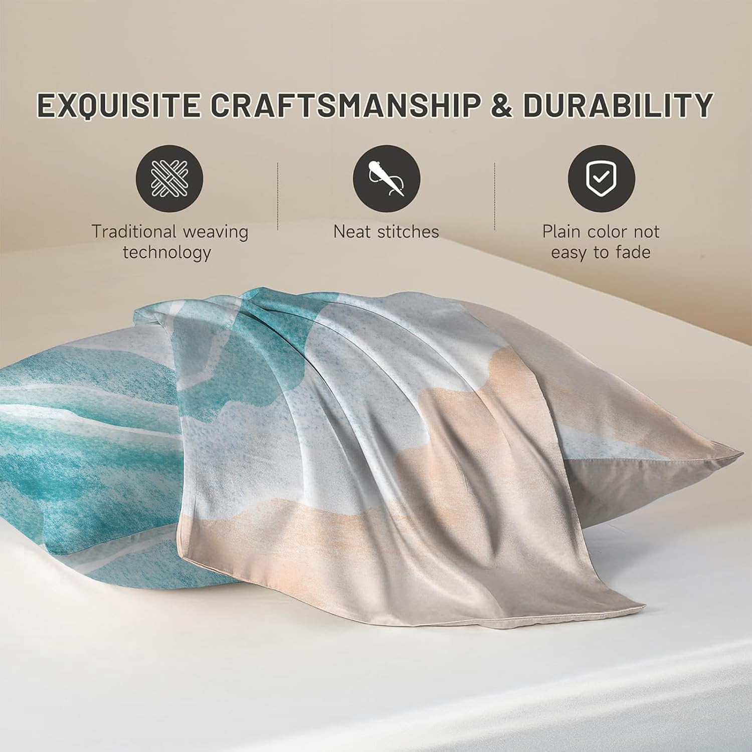 Imitation Silk Pillowcase for Hair and Skin Boho Abstract Blue Sea Beach 1 Pack Satin Queen Pillowcase with Hidden Zipper Cooling Pillow…