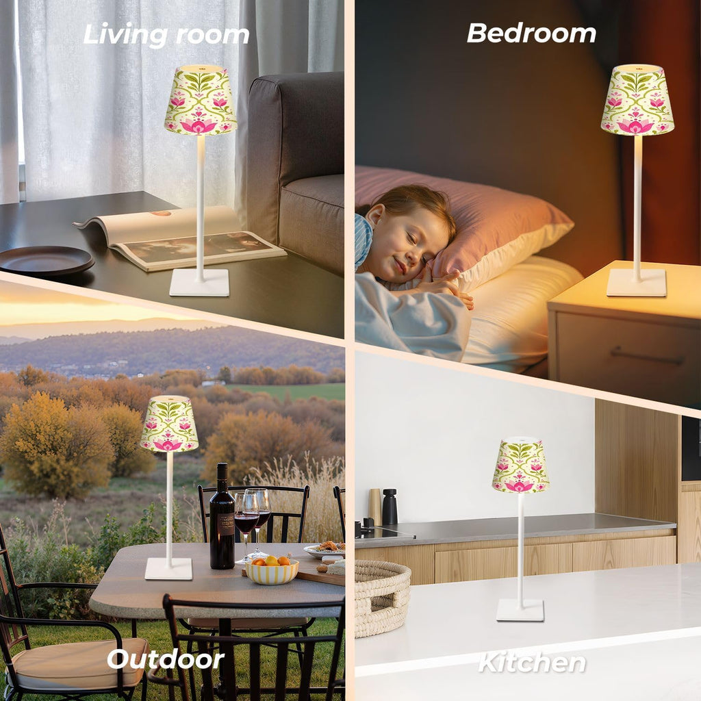 Cordless Mahjong Lamp Pink Floral Tulip Stylized Blossoms Green Leaves Cream Small LED Lamp 3 Color Dimmable Rechargeable Lamps for Mah…