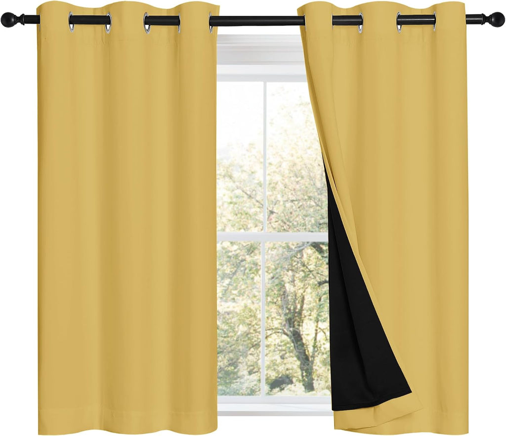 Nicetown Bright Yellow 100% Blackout Curtains 45 inches Long, Thermal Insulated Full Blackout 2-Layer Lined Curtains, Energy Efficiency Win…