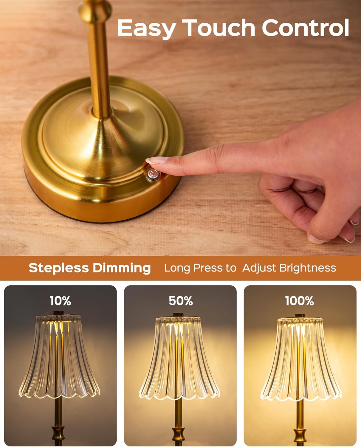 JACKYLED Vintage Cordless Table Lamp, Acrylic Crystal Flower Lamp Shade, 3 Colors Dimmable LED Golden Lamp, 5400mAh Battery Operated…