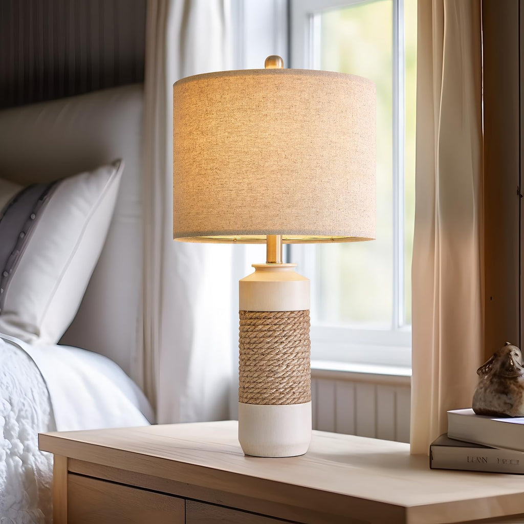 OYEARS 23.75" Bedside Table Lamps Set of 2 for Sleeping and Reading, Vintage Farmhouse Rattan Table Lamp Antique White Resin Lamp for…