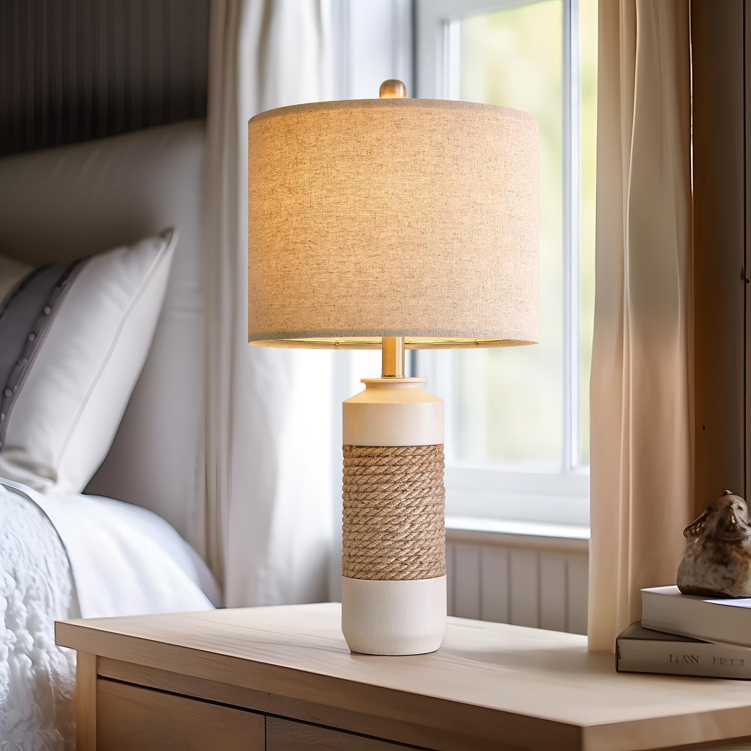 OYEARS 23.75" Bedside Table Lamps Set of 2 for Sleeping and Reading, Vintage Farmhouse Rattan Table Lamp Antique White Resin Lamp for…