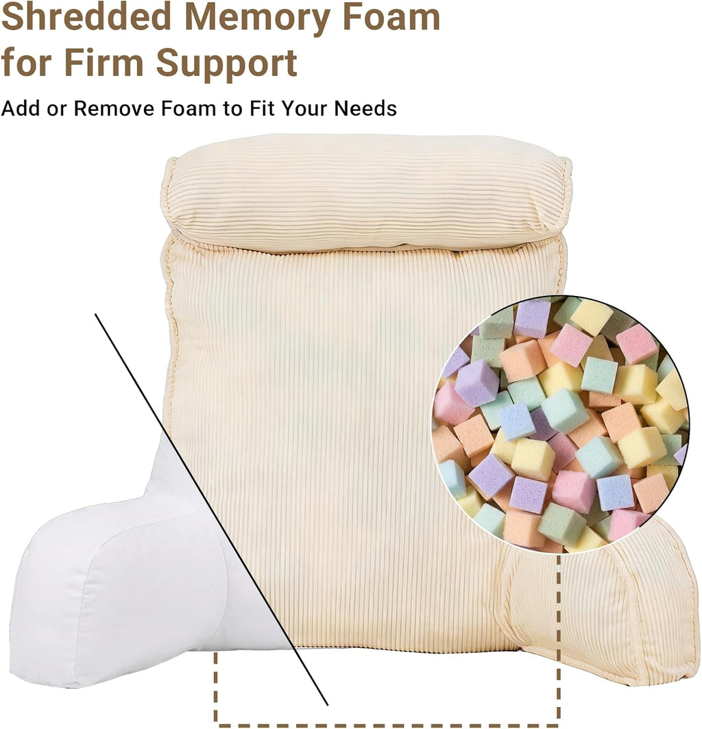 Reading Pillow for Bed with Detachable Neck Roll and Shredded Memory Foam, Back Pillow with Arms for Sitting Up, Washable Bed Rest Pillow…