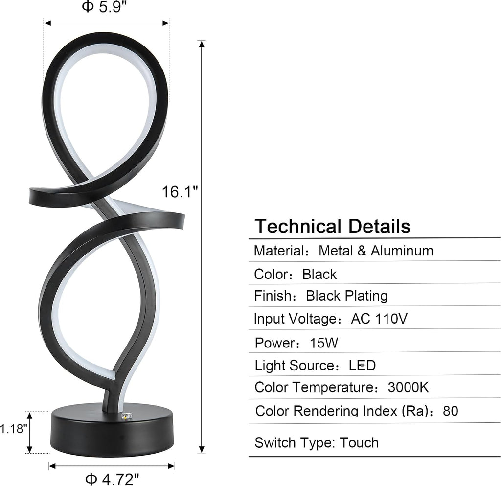 Mayful RGB Modern Table Lamp with 15W LED Spiral Spiral Design, Black Nightstand Lamp & Small Bedside Lamp, Touch Dimmable with 7 Colors…
