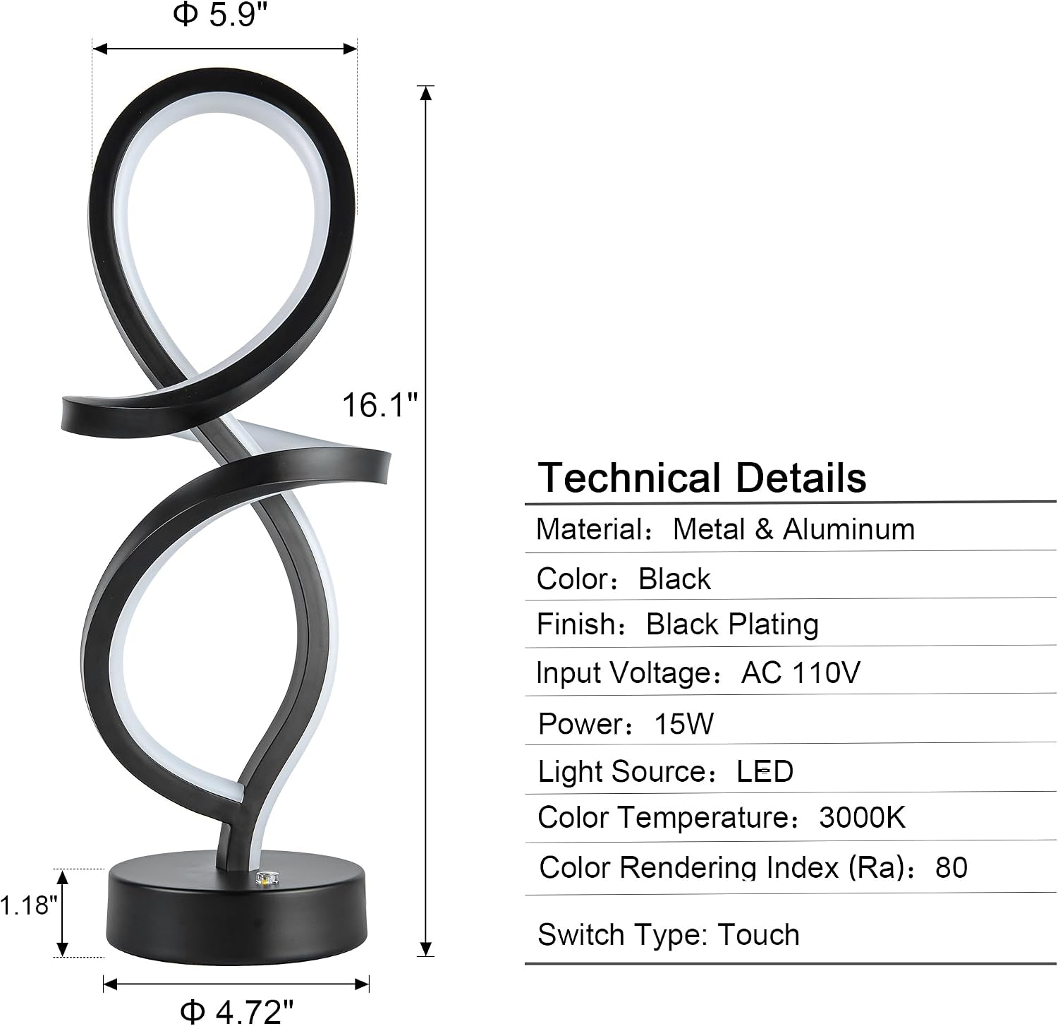 Mayful RGB Modern Table Lamp with 15W LED Spiral Spiral Design, Black Nightstand Lamp & Small Bedside Lamp, Touch Dimmable with 7 Colors…