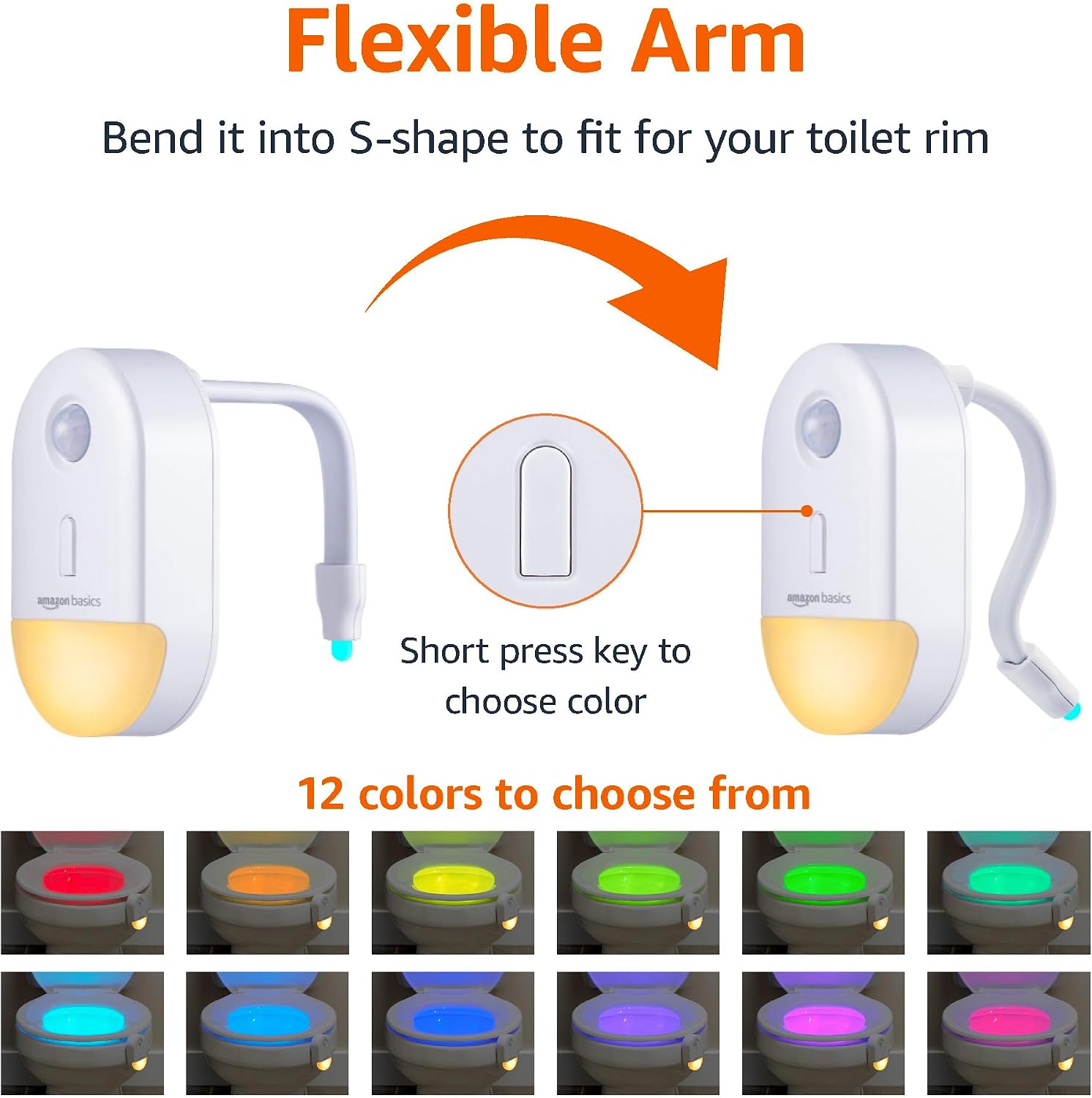 Amazon Basics Color Changing LED Toilet Bowl Motion Sensor Light, Battery Operated, Auto-off After 60 Seconds, 15 ft Detection Range, 2…