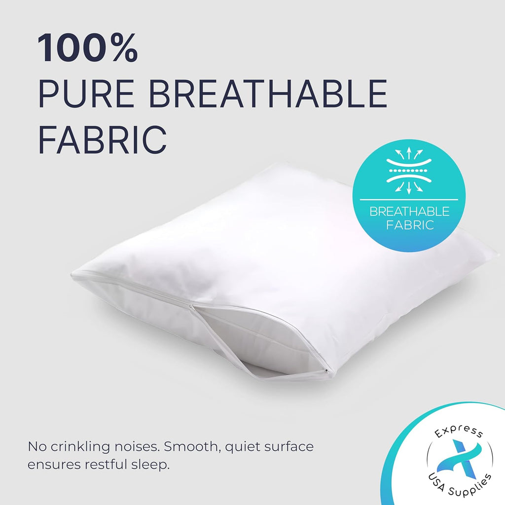 ExpressUSASupplies Set of 4 Standard/Queen Waterproof Pillow Protectors - Temperature Balancing, Allergist Recommended - Breathable, Zipper…