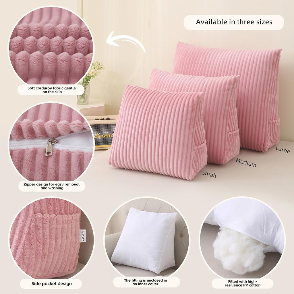 Corduroy Wedge Reading Pillow for Bed, 3 Sizes, 4 Colors for Bed, Sofa, Office Chair (Pink, Medium 19 * 16 * 7in)