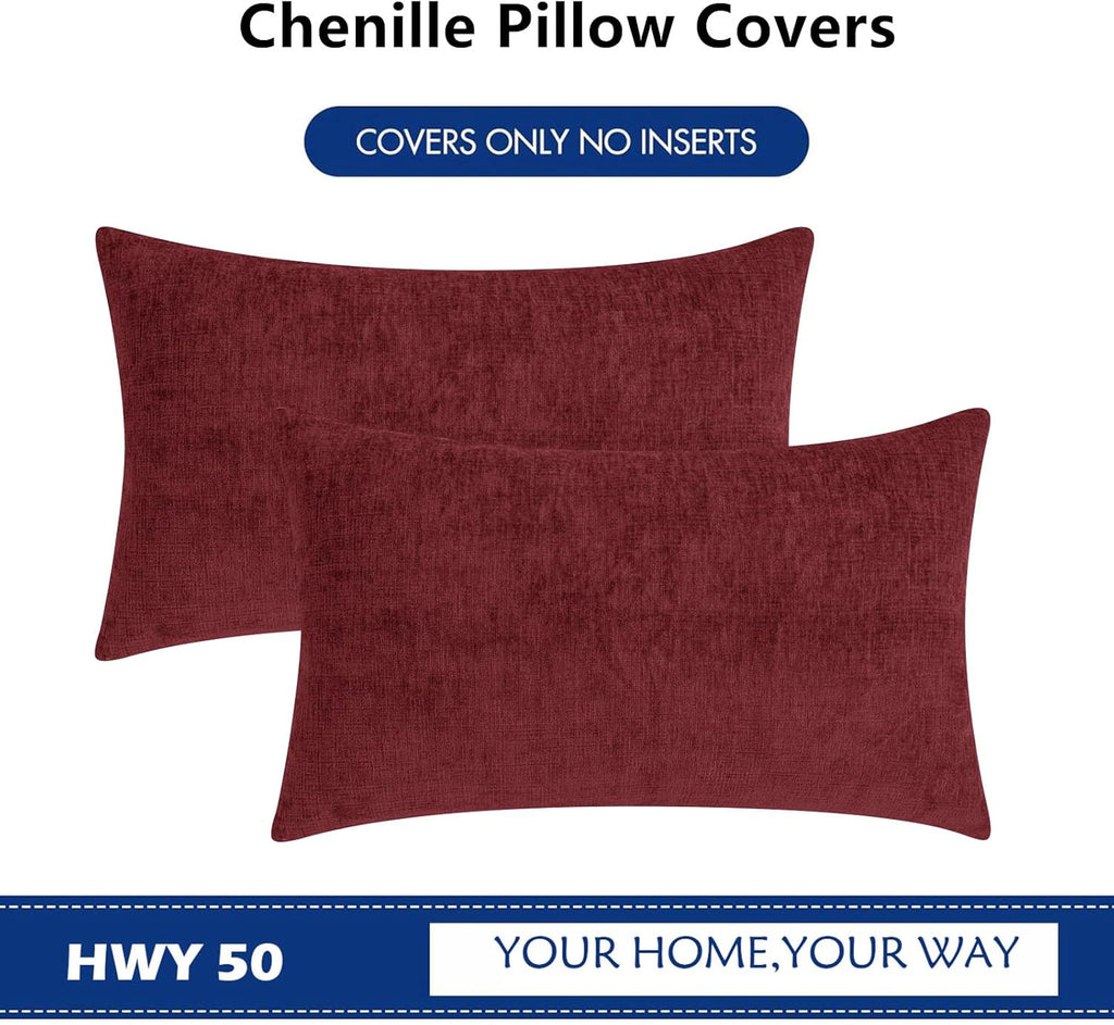 Hwy50 HWY 50 Burgundy Red Lumbar Pillow Covers 12x20 Inch Pack of 2, Soft Chenille Decorative Throw Pillow Covers Farmhouse for Couch Sofa…