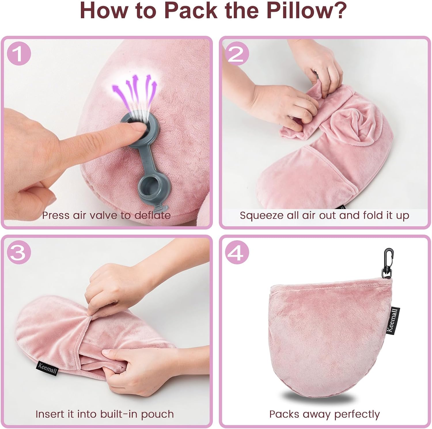 Keemall Inflatable Travel Pillow, Premium Soft Pink Velvet Neck Pillow, Washable Lightweight Portable Travel Essentials for Flight Road…