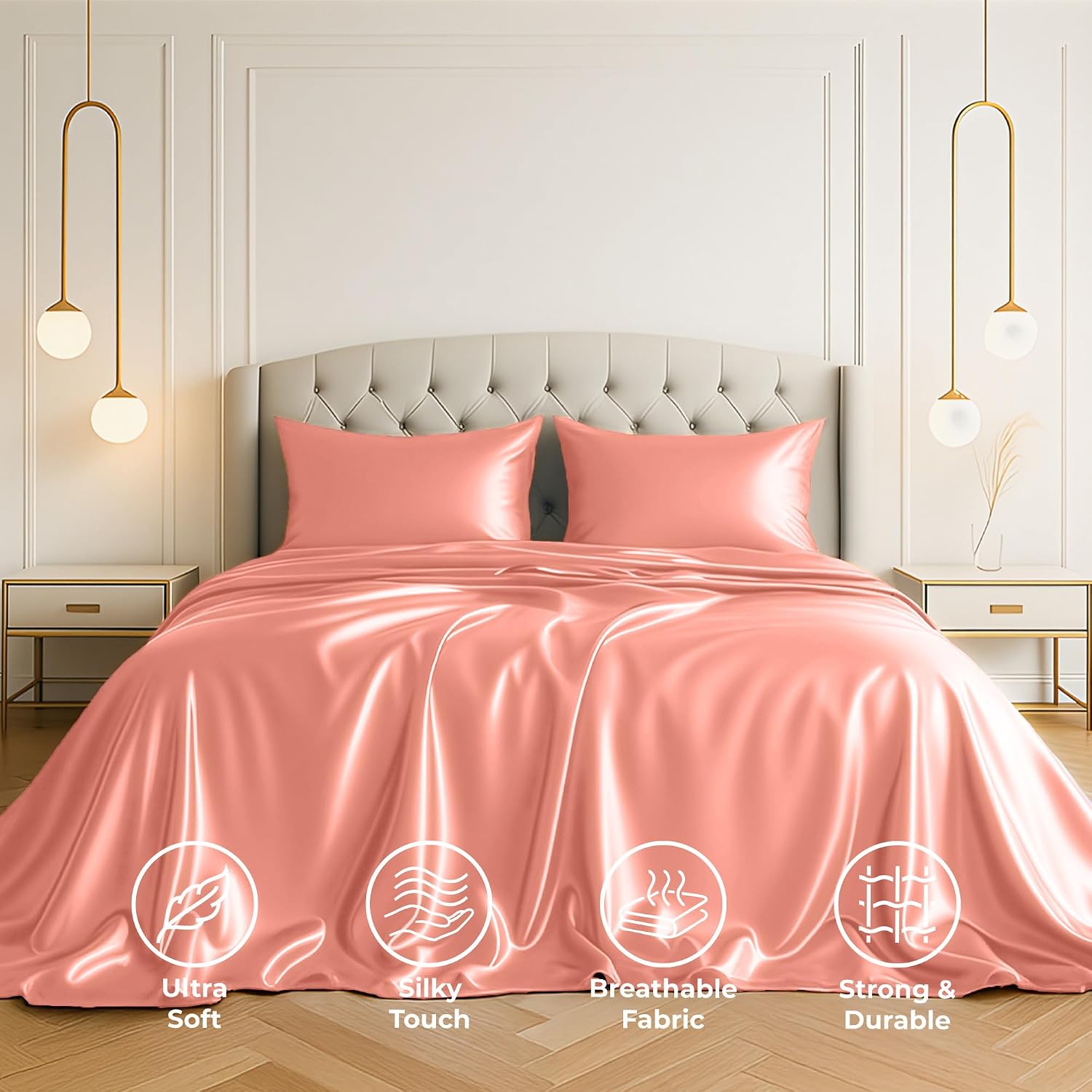 PureBedding Pure Bedding Satin Sheets Queen [4-Piece, Blush Pink] Hotel Luxury Silky Bed Sheets - Extra Soft 1800 Microfiber Sheet Set, Wri…