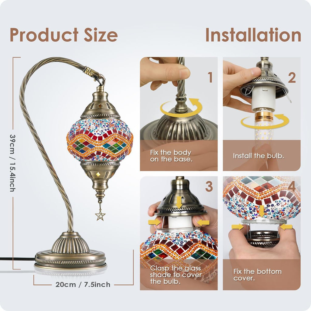 Yarra-Decor Turkish Moroccan Lamp with Bronze Base 3 Color Options Handmade Swan Neck Tiffany Mosaic Glass Bedside Lamps for Bedroom (LED…